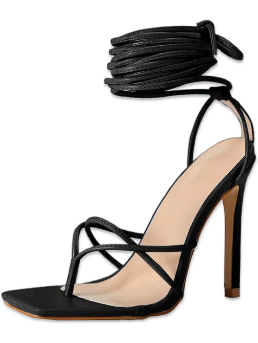 Women's Black Lace Up Heeled Sandals Square Flip Flop High Heels Strappy Shoes